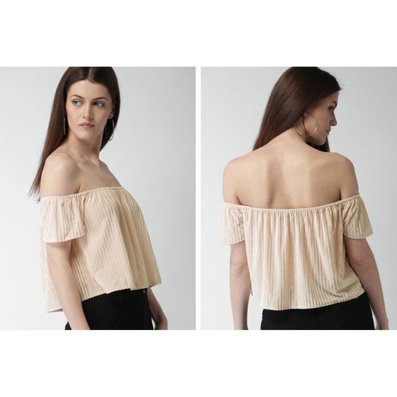 NWT Forever21+ Pink‎ Blush Peach Velvet Stripped Off the Shoulder Top Blouse - Picture 5 of 10